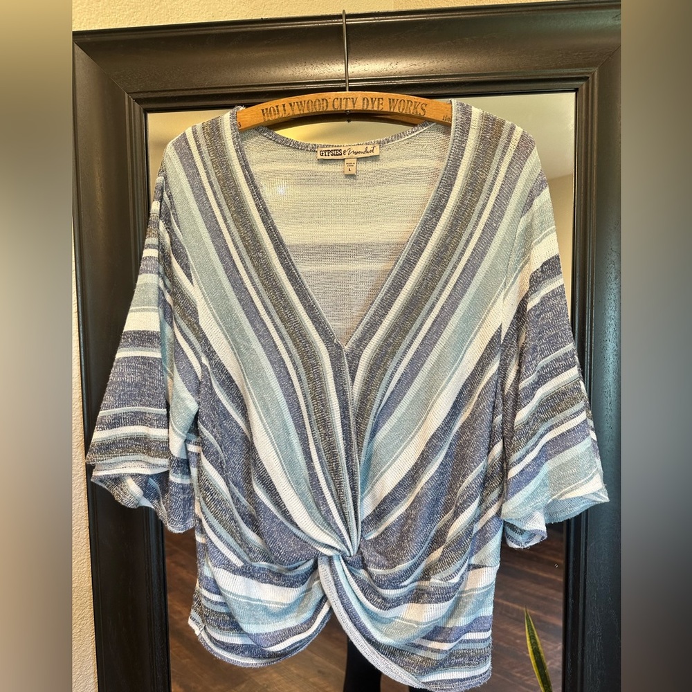 Gypsies & Moondust Light Blue and White Striped Knit Tee